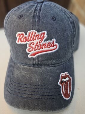 the Rolling Stones Navy Washed Logo Baseball Cap with Red Embroidery